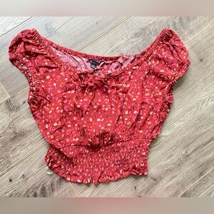 American Eagle red floral smock ditsy blouse NWT short sleeve cap sleeve